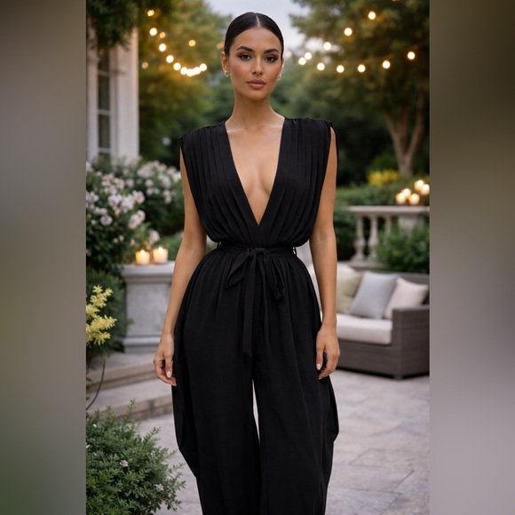 Chic Black Pleated Wide-Leg Jumpsuit Elegant V-Neck Tie Waist - Picture 3 of 4